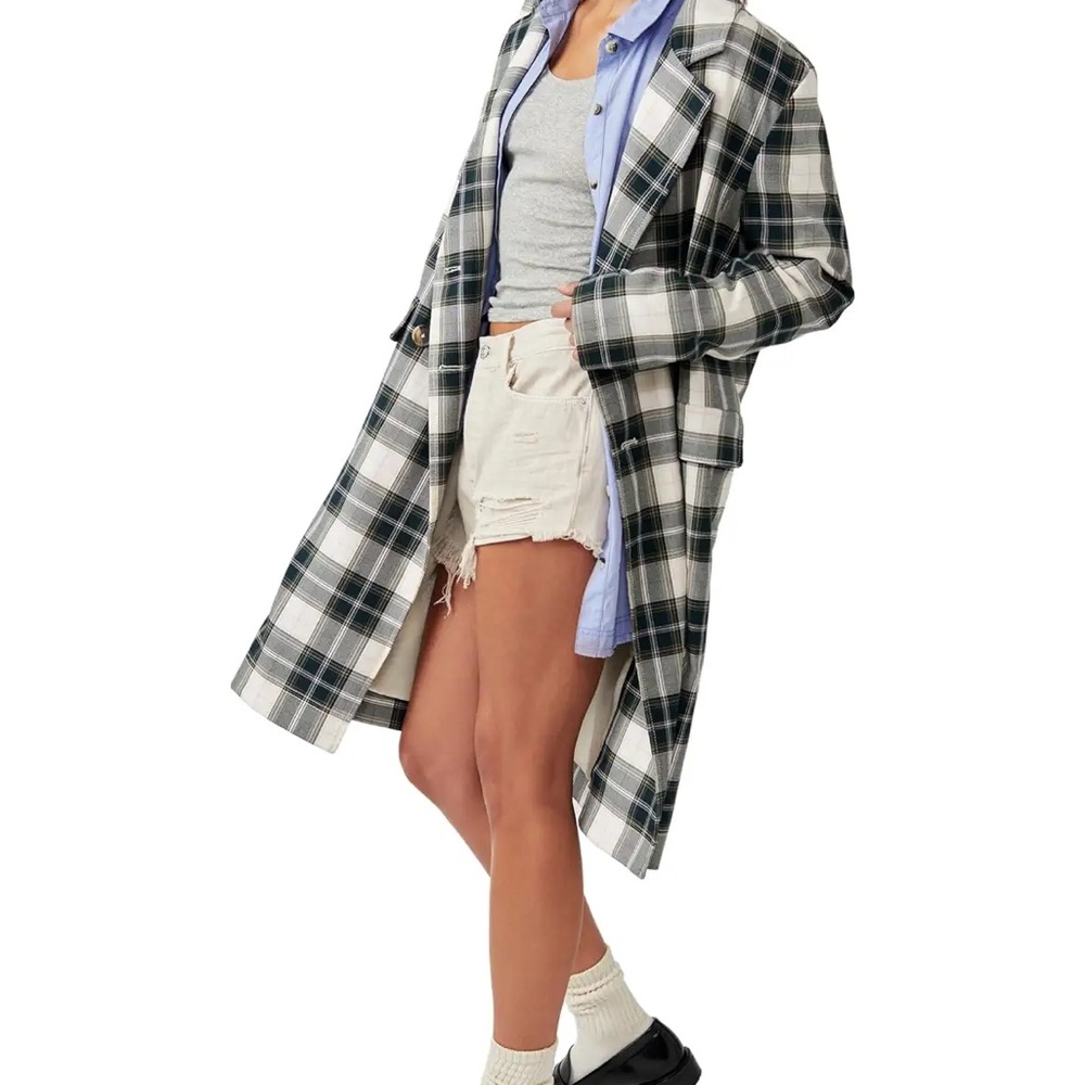 Free People Freddie Longline Blazer - Green Plaid M